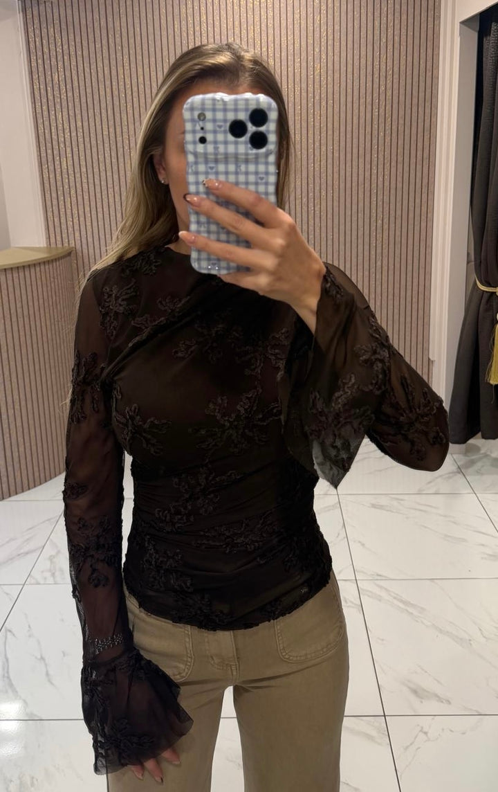 Jean Chocolate Floral Embroidered Mesh Top