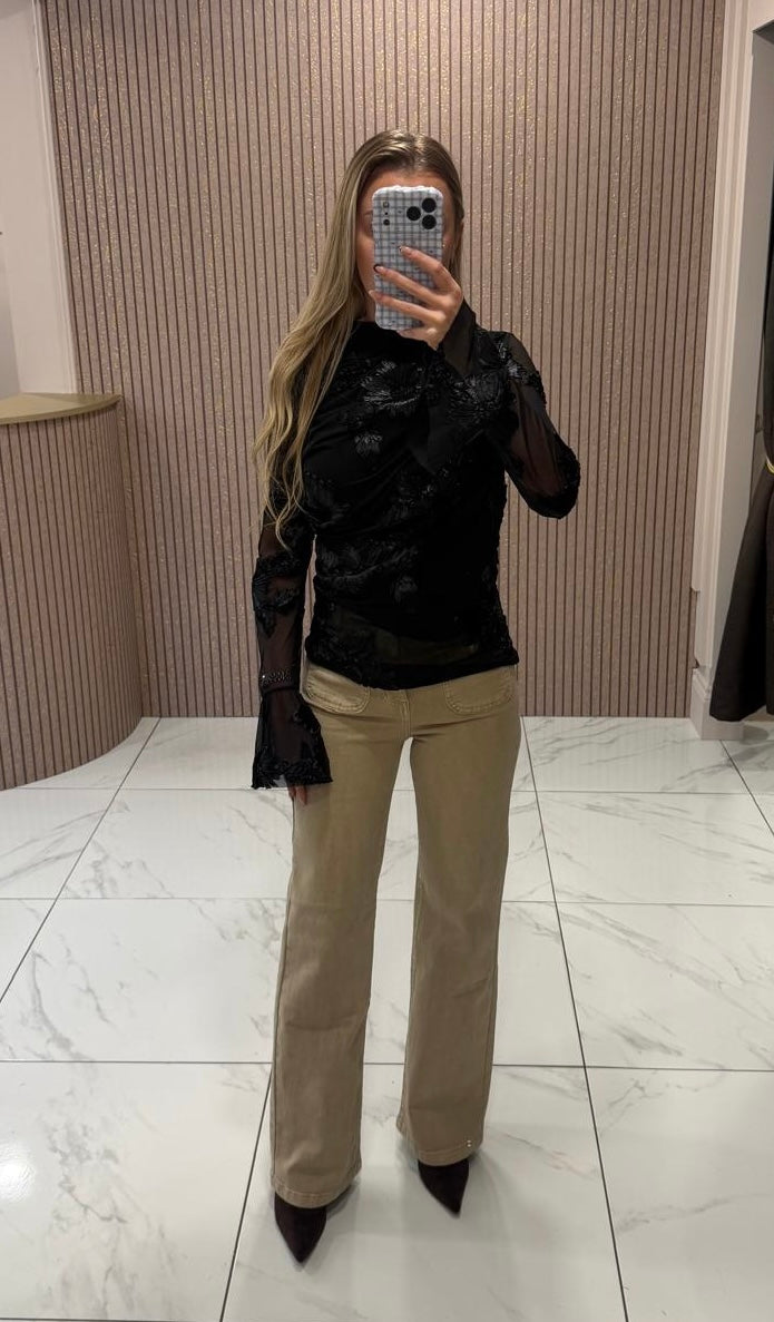 Jean Black Floral Embroidered Mesh Top