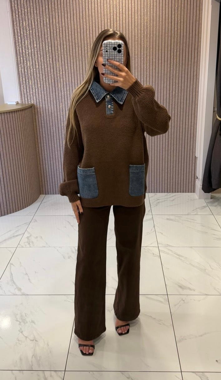 Harper Chocolate Knit Jumper With Denim Detail
