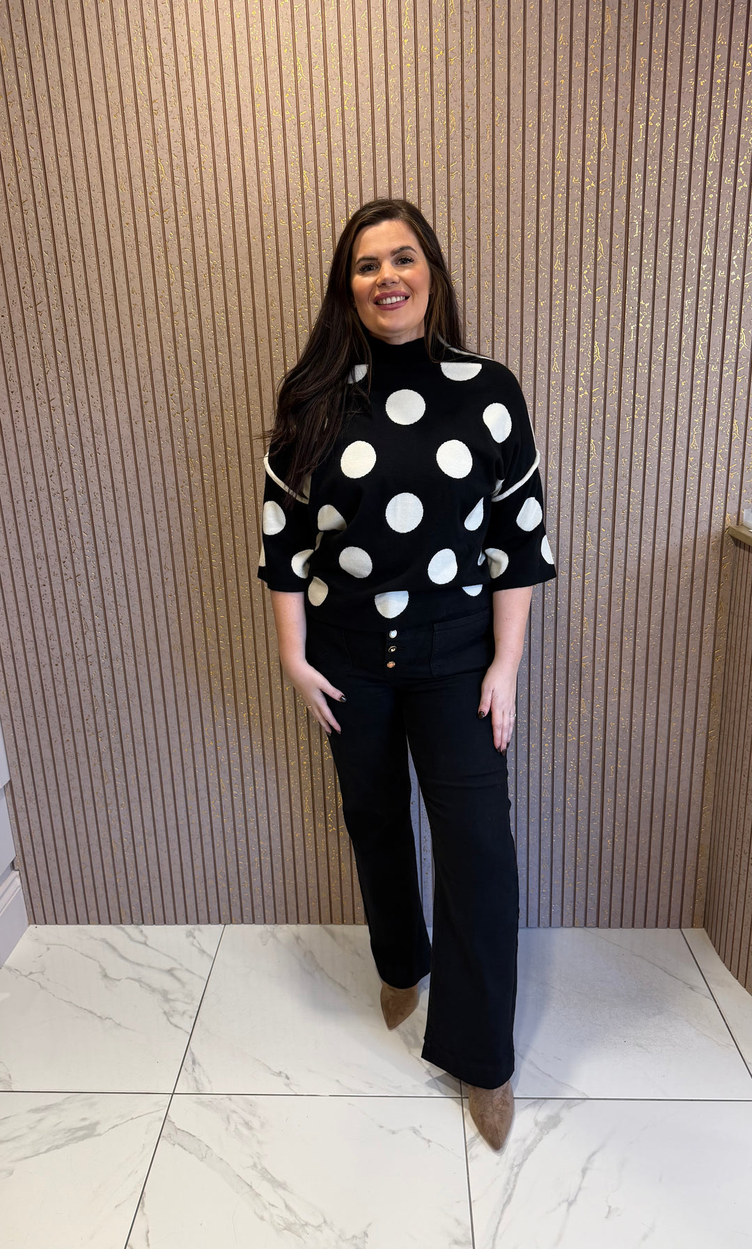 Florence Black &amp; Cream Polka Dot Knit Top/Jumper
