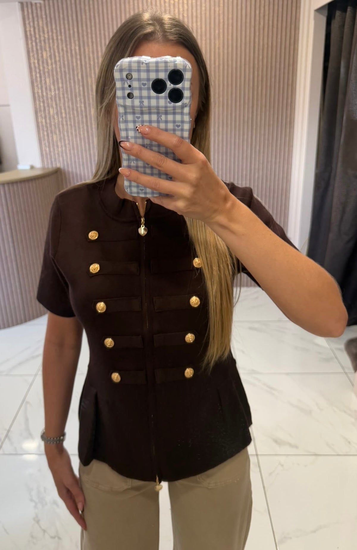 Amber Chocolate Zip Up Gold Statement Button Knit Top