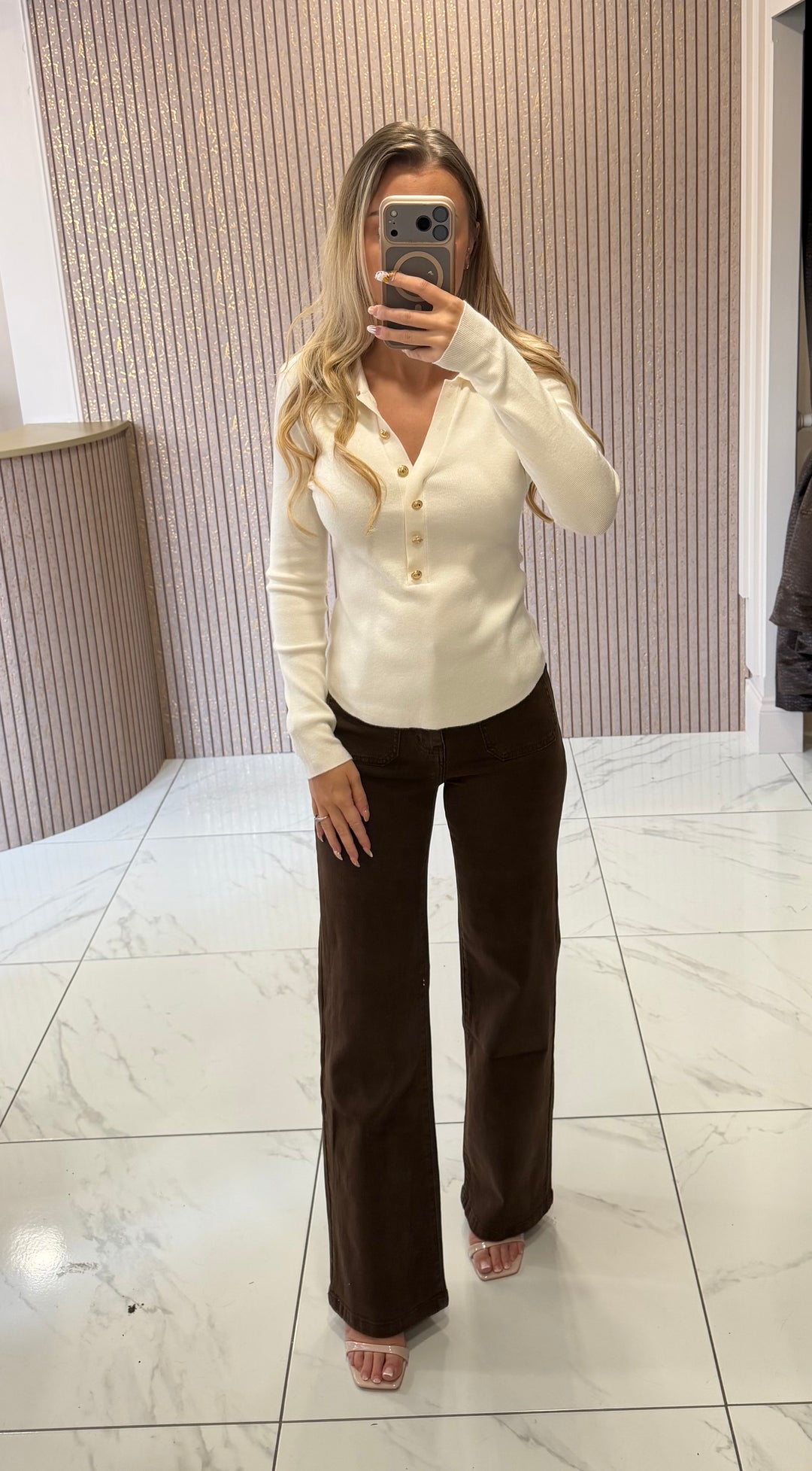 Libby Cream Fine Knit Gold Button Top