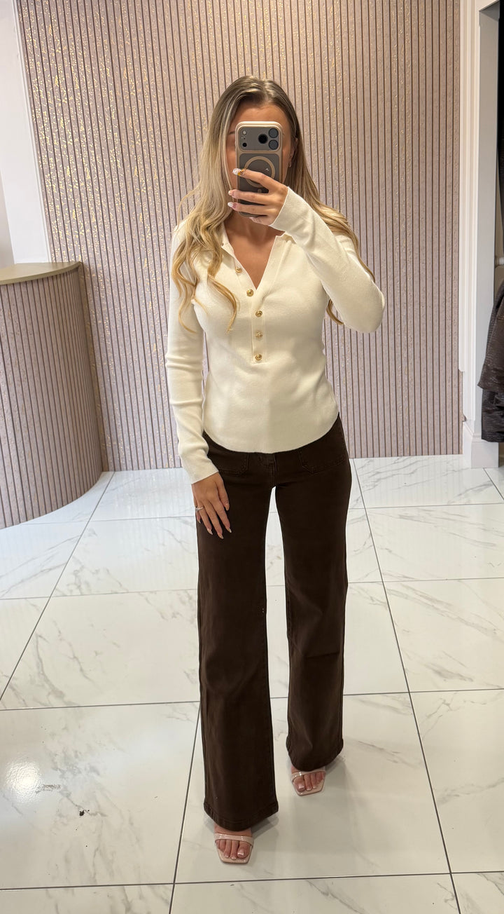 Libby Cream Fine Knit Gold Button Top