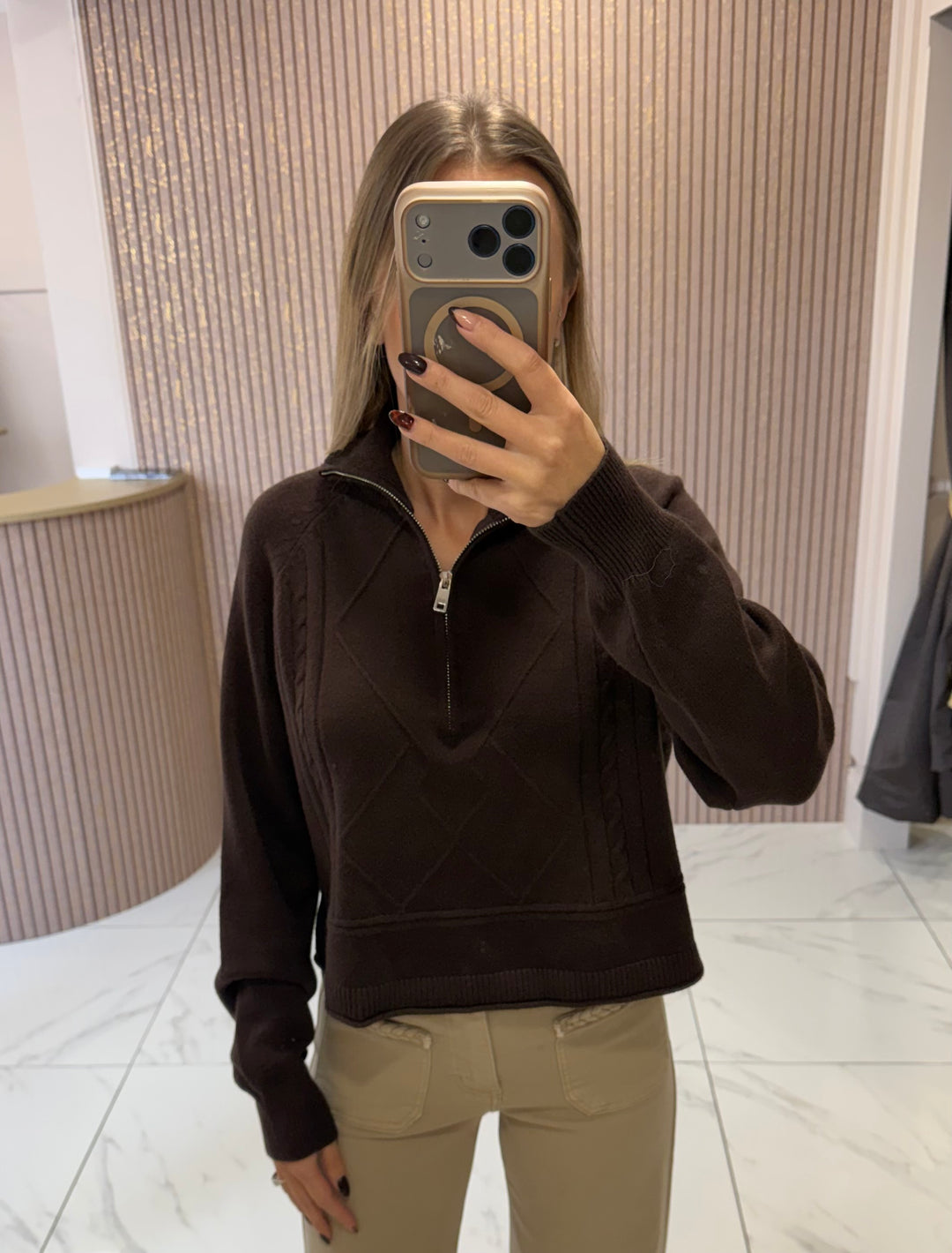 Zizi Chocolate 1/4 Zip Knit Jumper/Top