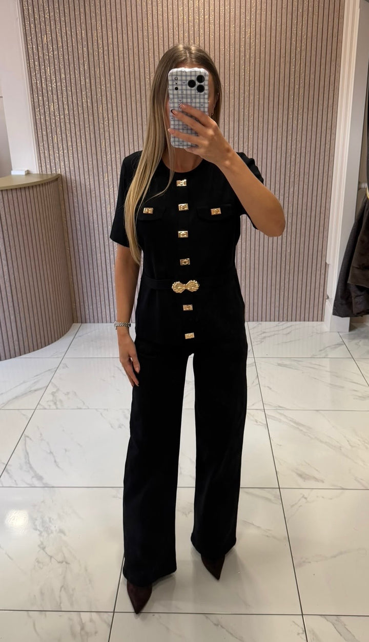 Rhea Black Knit Top With Gold Statement Detail