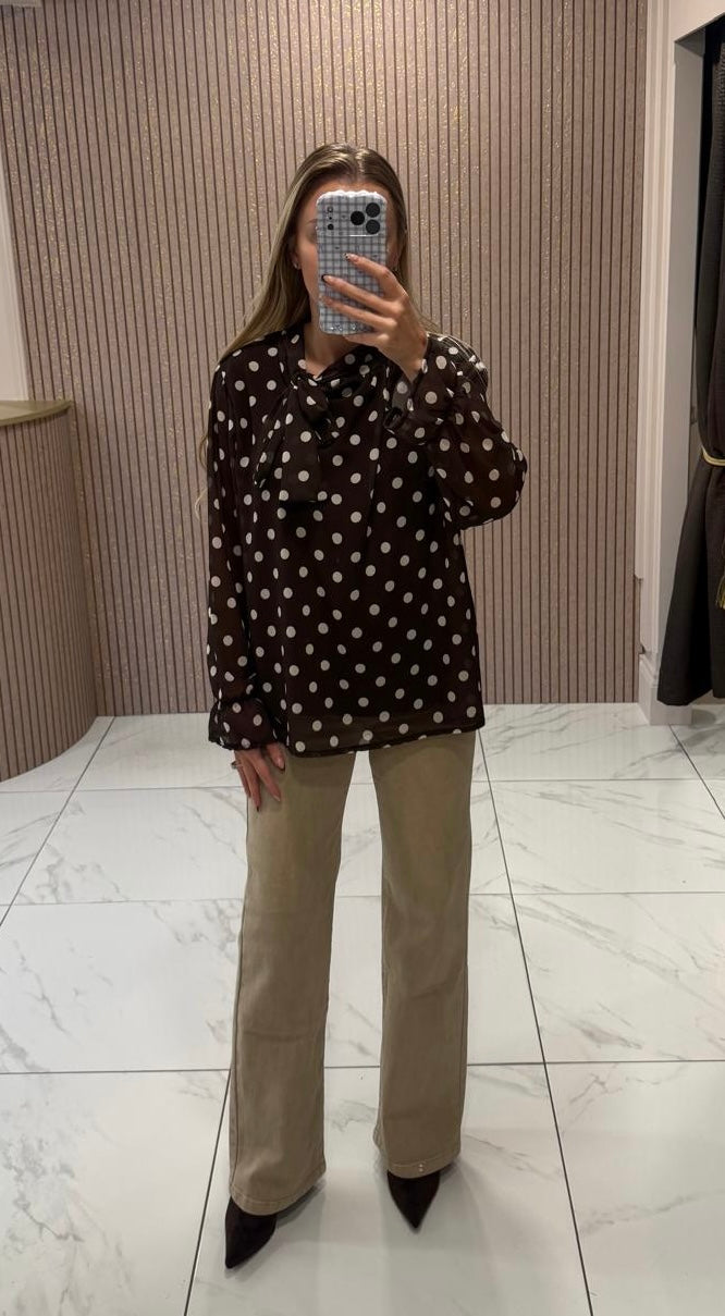 Kelby Chocolate Polka Dot Bow Blouse