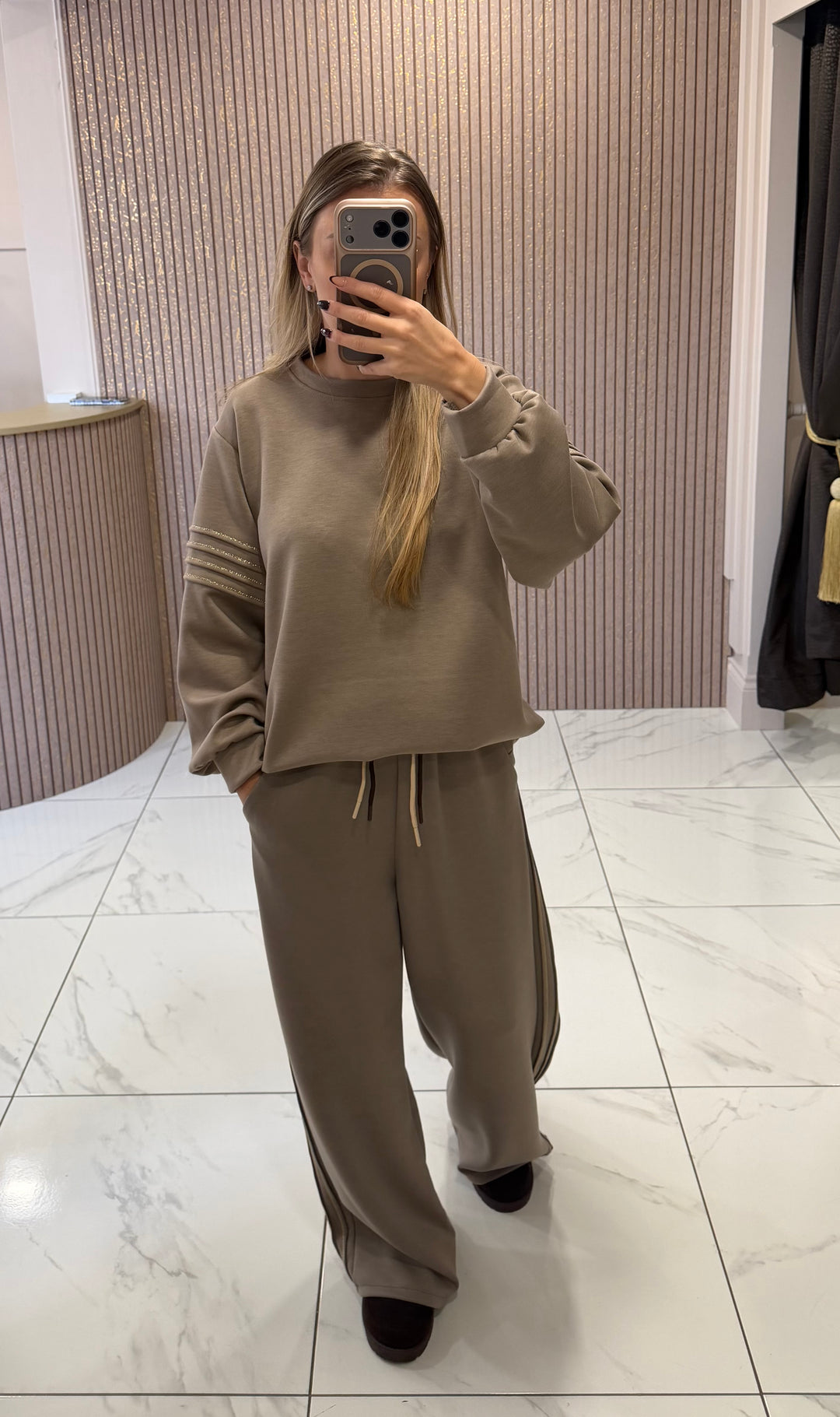 Mona Taupe Sweater Top &amp; Wide Leg Trouser Set