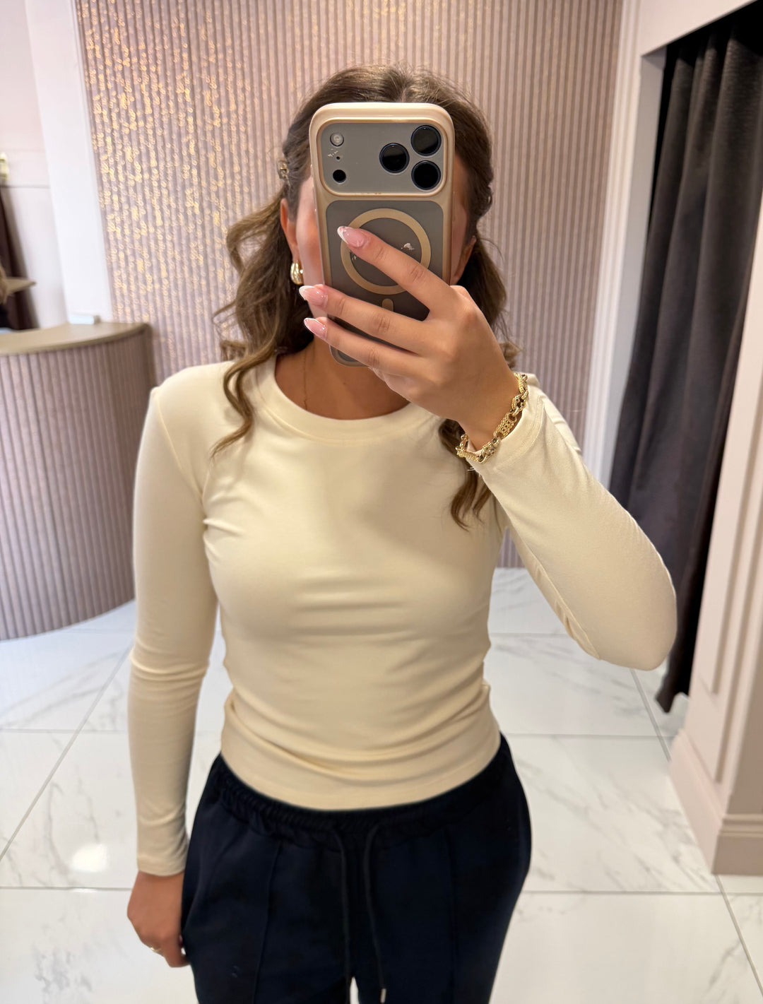Trixie Cream Round Neck Cotton Long Sleeve Top