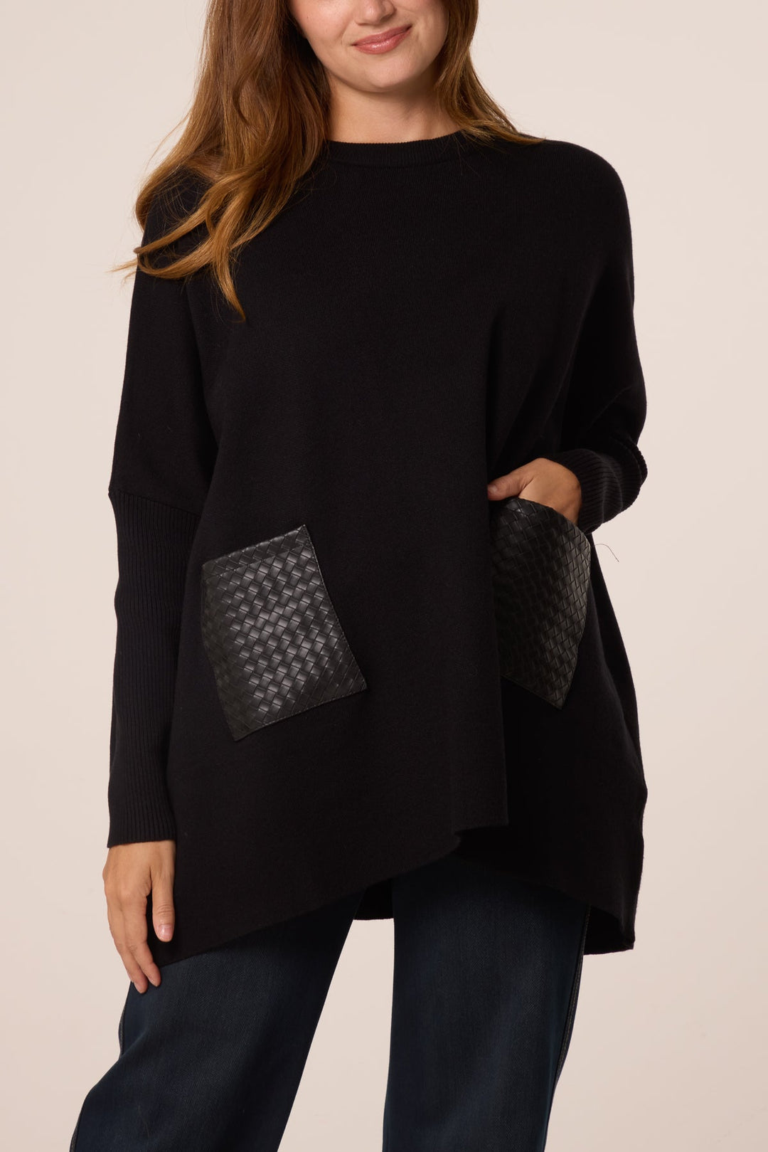 Blossom Black PU Textured Pocket Jumper