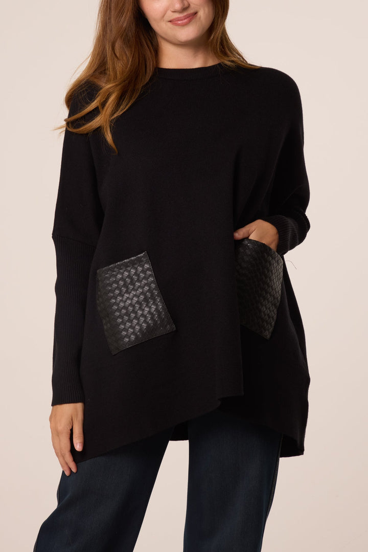Blossom Black PU Textured Pocket Jumper