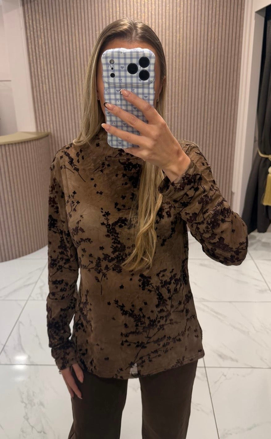 Selina Chocolate Textured Floral Print Top
