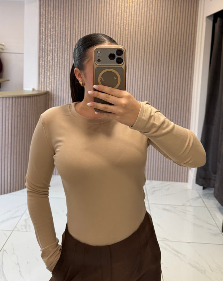 Trixie Beige Round Neck Cotton Long Sleeve Top