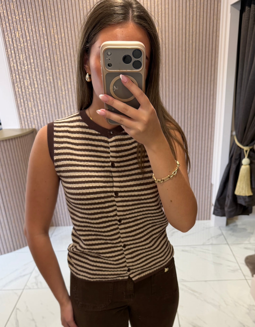 Honey Striped Chocolate Knit Button Front Top