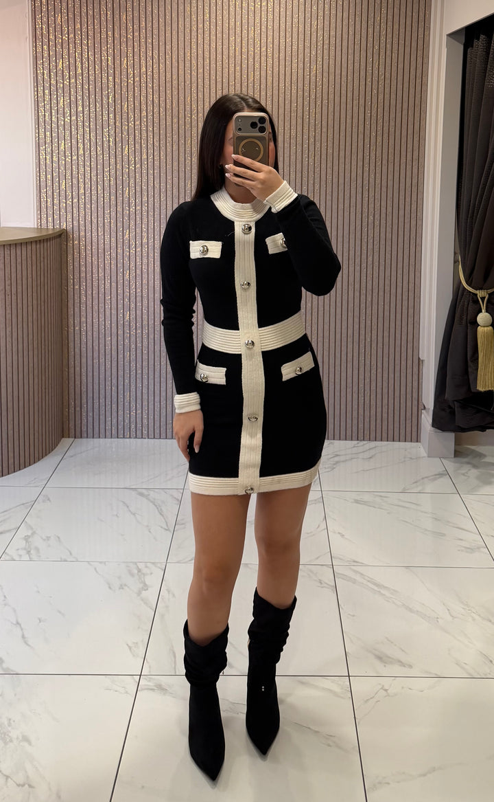 Carrie Black &amp; White Knit Button Dress