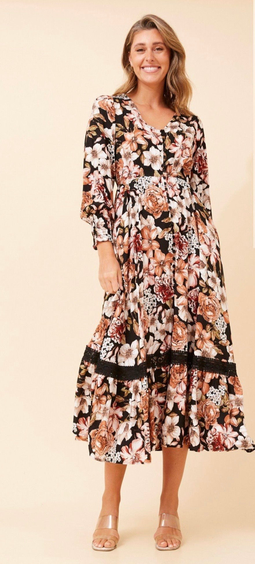 Stevie Floral Print V Neck Midi Dress