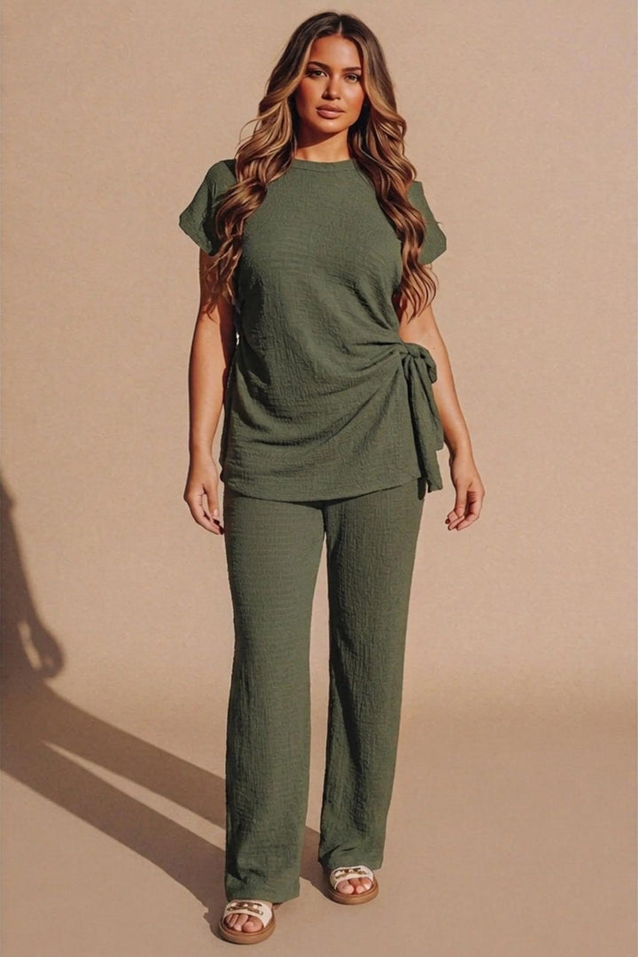 Kaya Khaki Tie Side Waffle Detail Co Ord Set