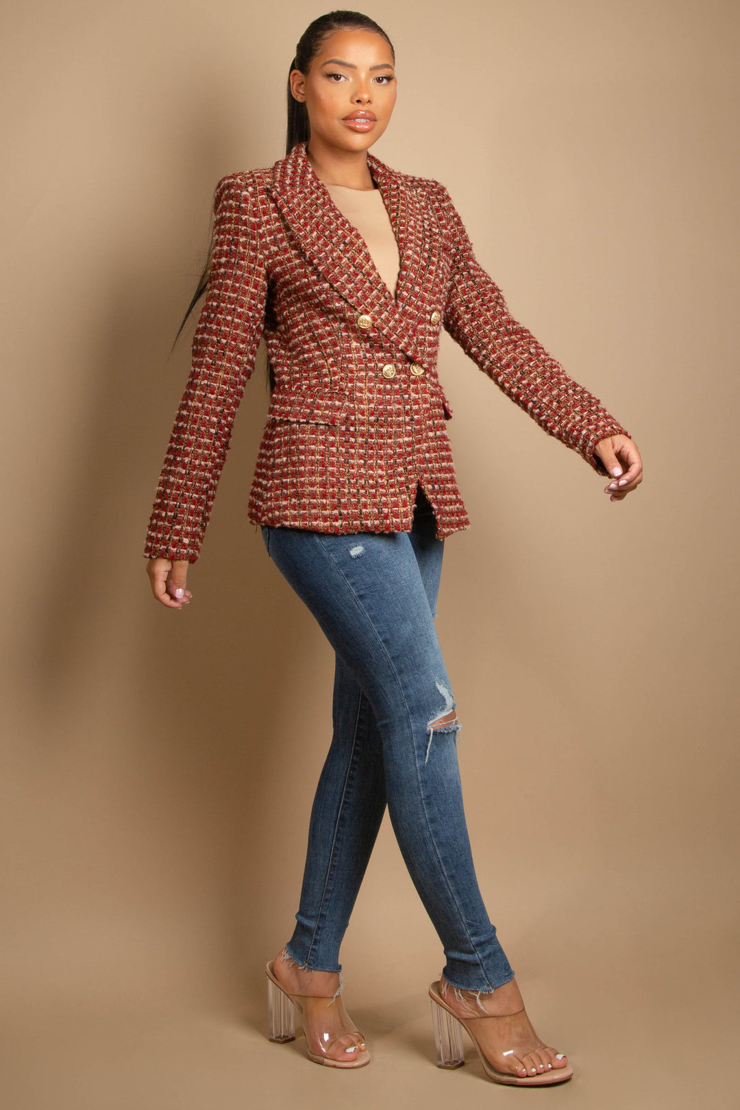 Joanna Wine/Burgundy Tweed Blazer With Gold Buttons