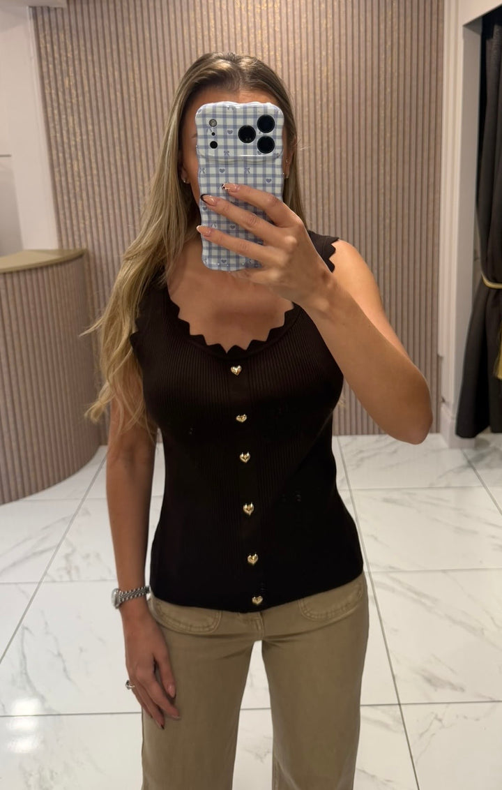 Rona Gold Heart Chocolate Scallop Edge Knit Top