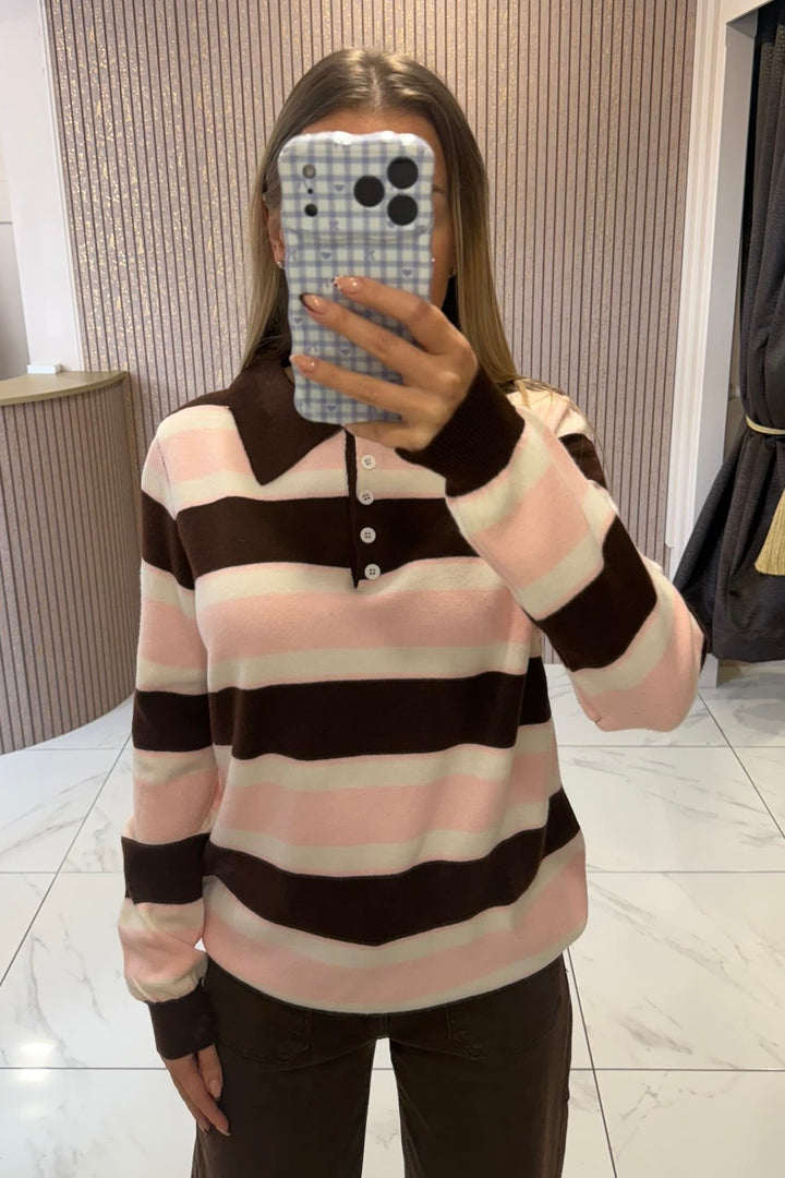 Erin Chocolate &amp; Pink Striped Button Up Knit Jumper