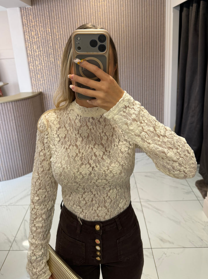 Elle Bow Back Cream Lace Bodysuit