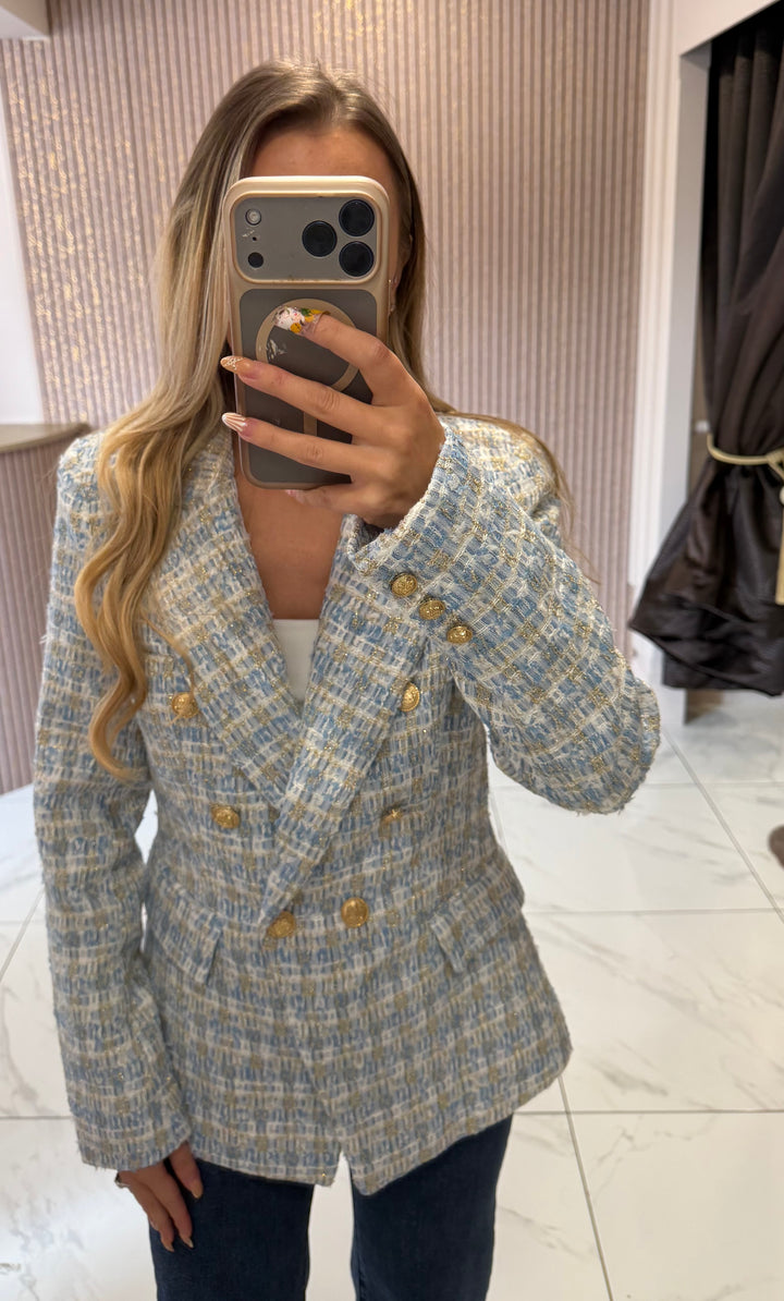 Emma Baby Blue Tweed Blazer With Gold Buttons