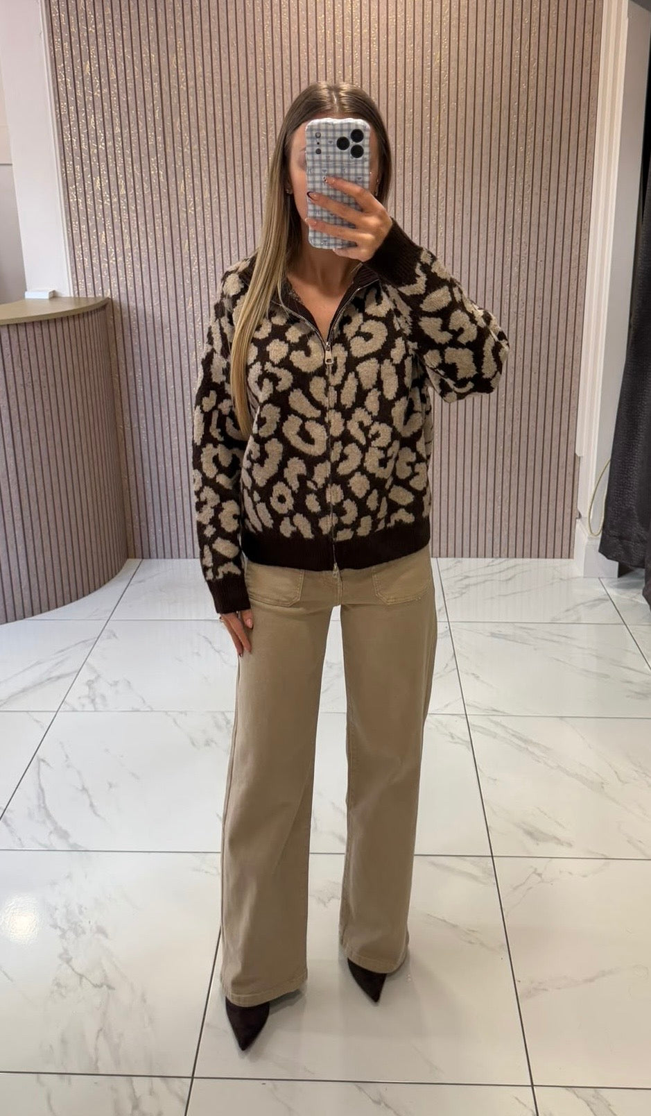 Aurora Chocolate Leopard Print Zip Up Cardigan