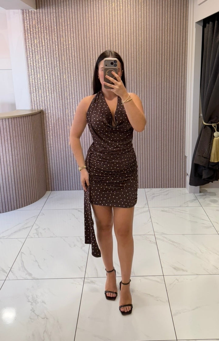 Emily Chocolate Studded Ruched Mini Dress