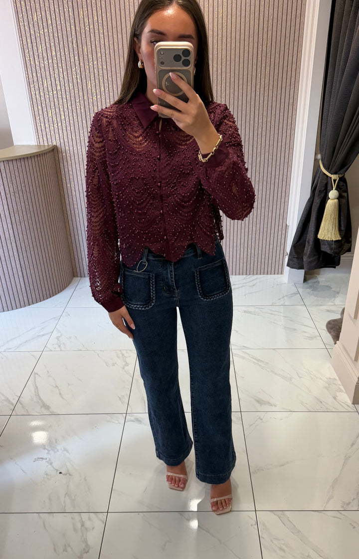 Ashlee Wine Pearl Embellished Blouse