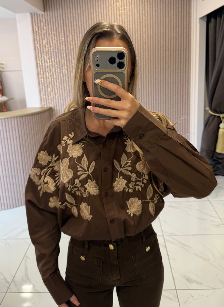 Betsy Chocolate Floral Embroidered Shirt/Blouse