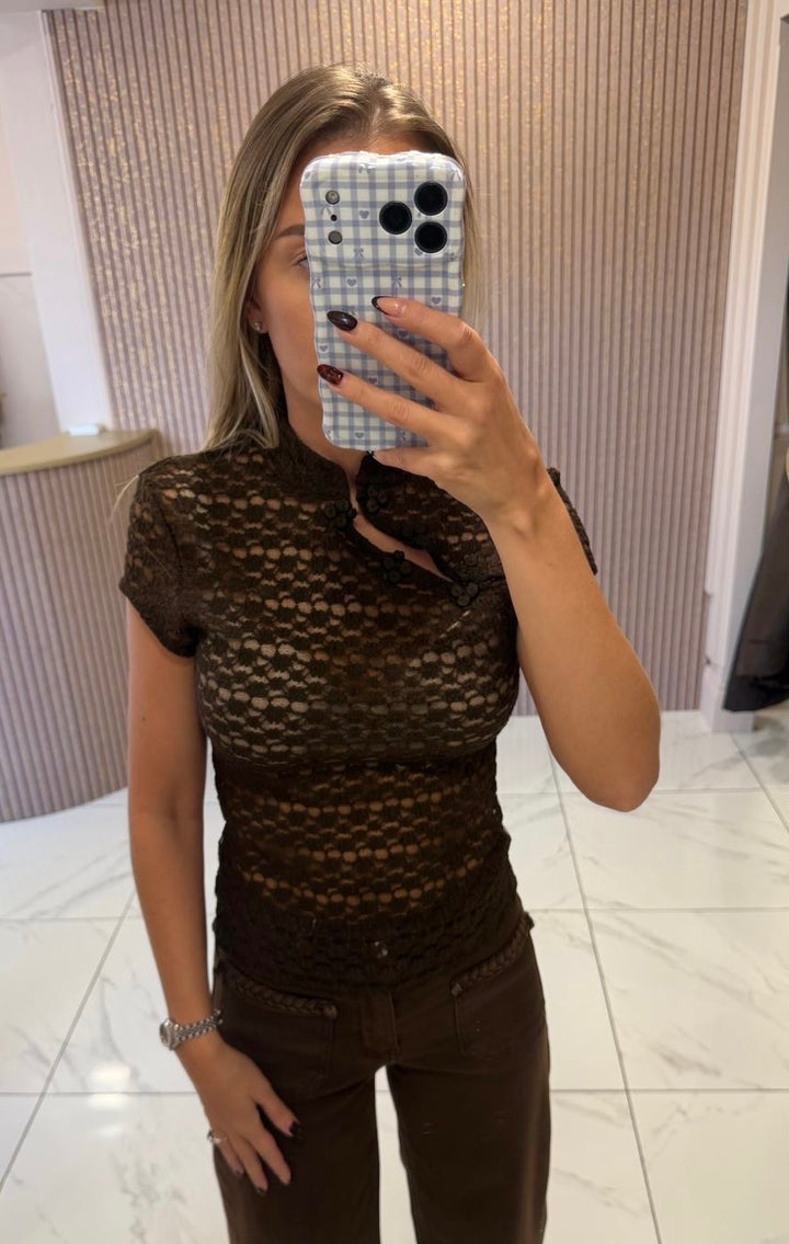 Fallon Chocolate Lace Mandarin Top