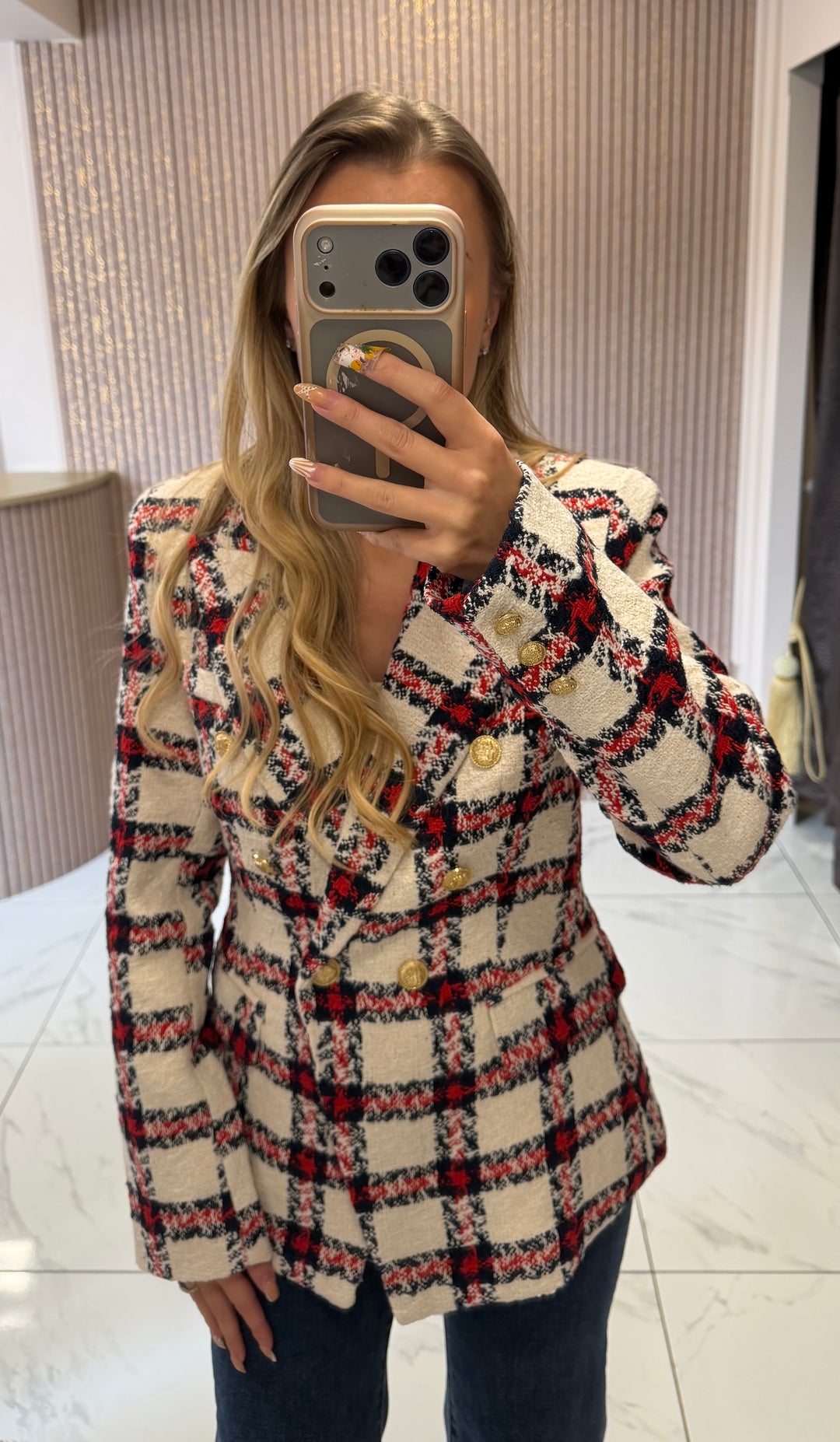 Grace Red Tweed Blazer With Gold Buttons