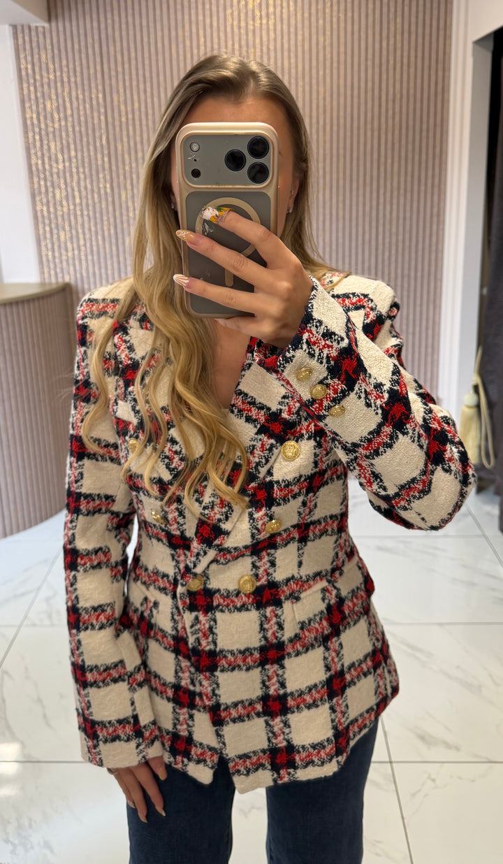 Grace Red Tweed Blazer With Gold Buttons