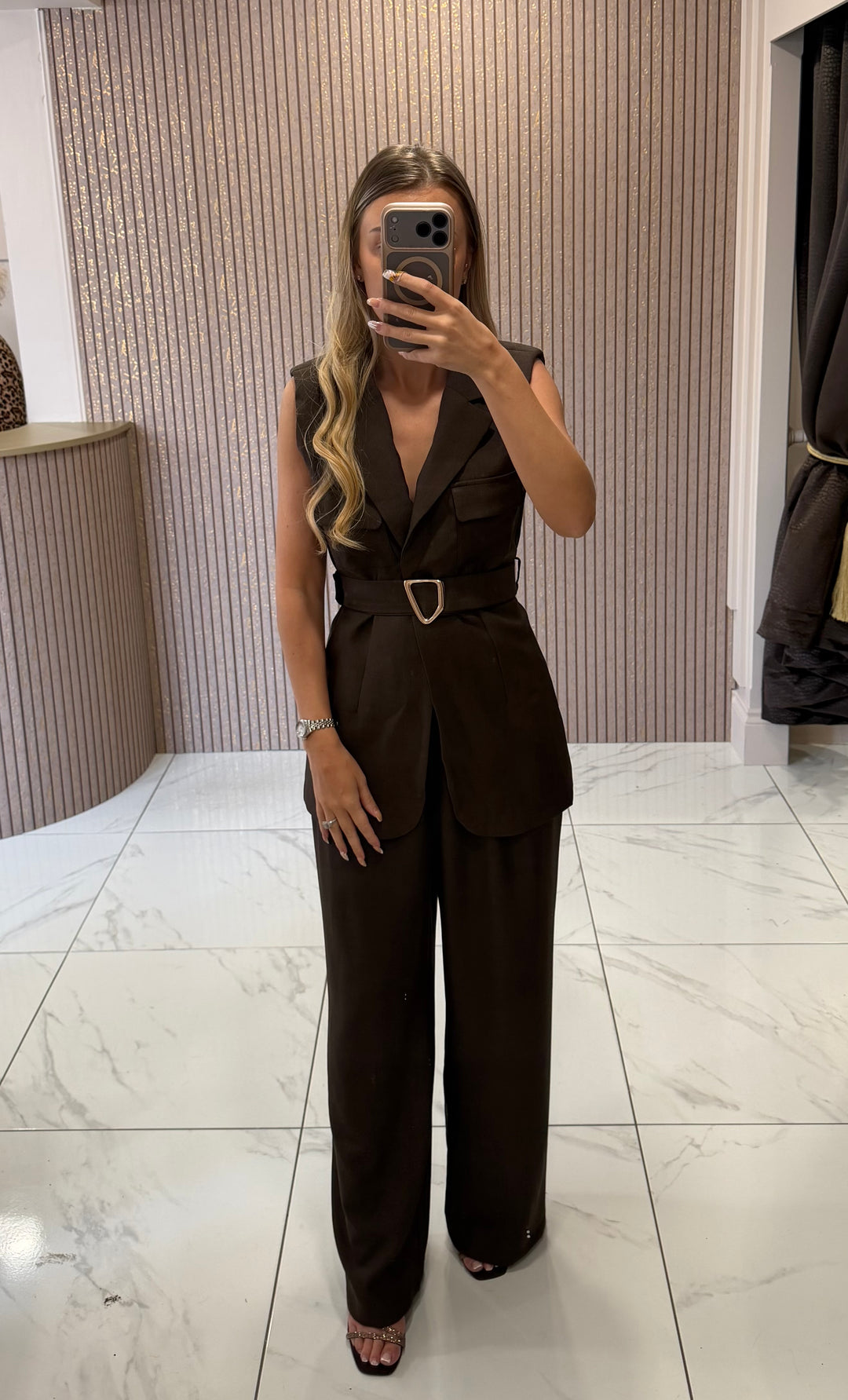 Mila Chocolate Waistcoat Top &amp; Trouser Co Ord Set