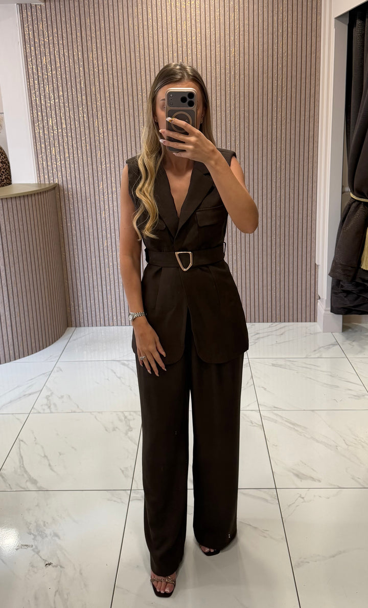Mila Chocolate Waistcoat Top &amp; Trouser Co Ord Set