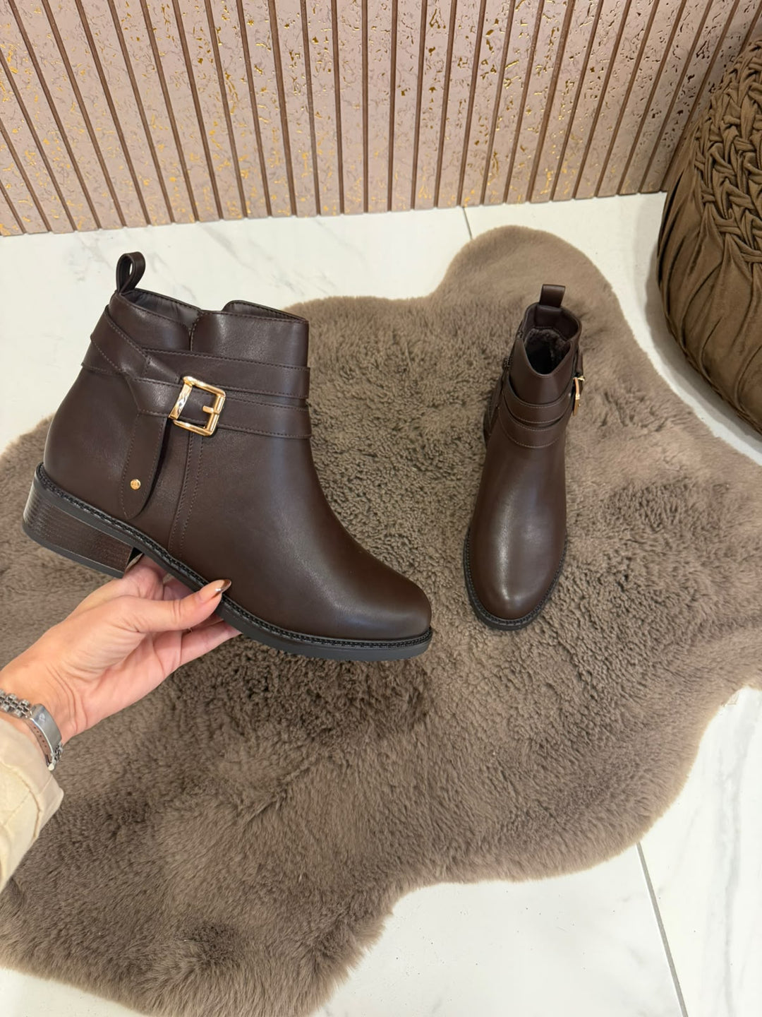 Safia Chocolate Boots With Gold Buckle Detail