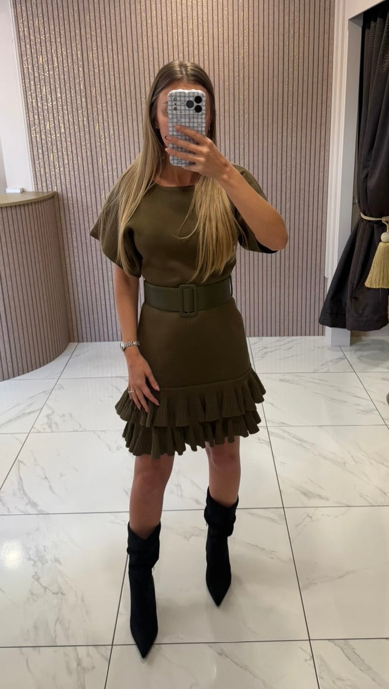 Eva Khaki Belted Ruffle Hem Knit Dress