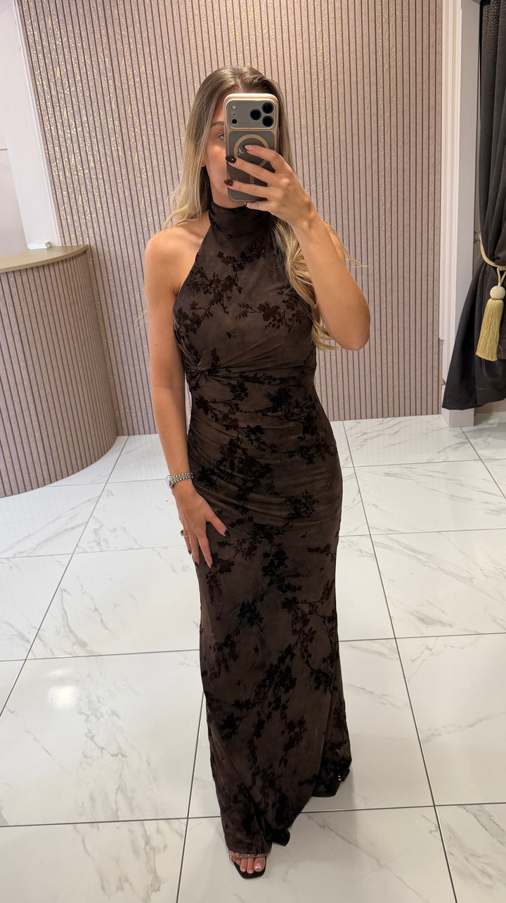 Kelly Chocolate Textured Floral Halter-neck Dress