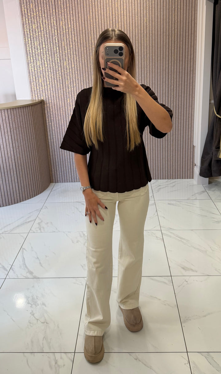 Maisie Chocolate Rib Knit Peplum Hem Top