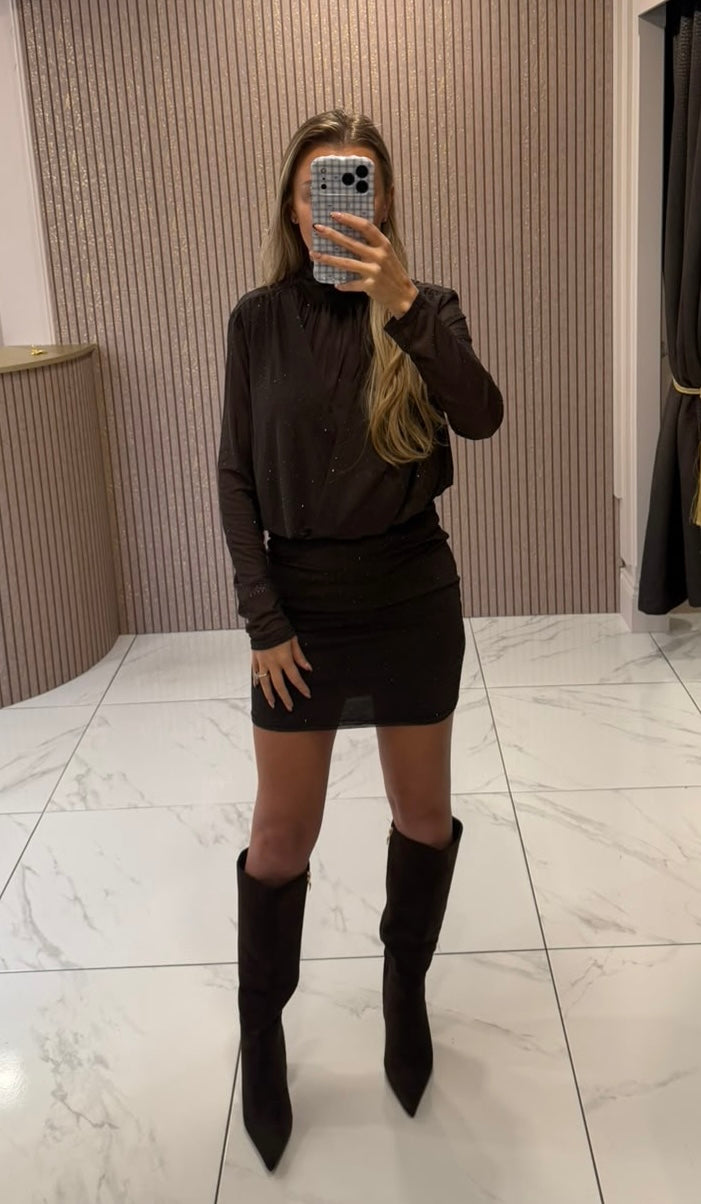 Lara Chocolate Sparkle Ruched Dress