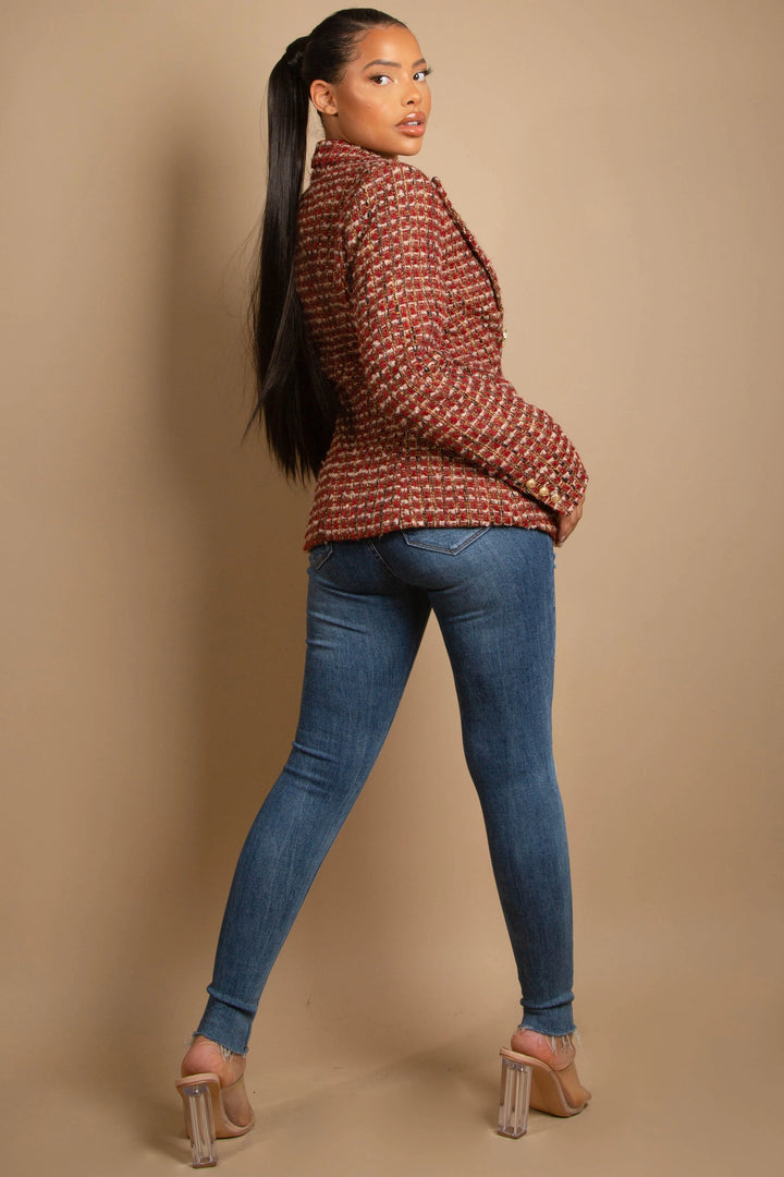 Joanna Wine/Burgundy Tweed Blazer With Gold Buttons