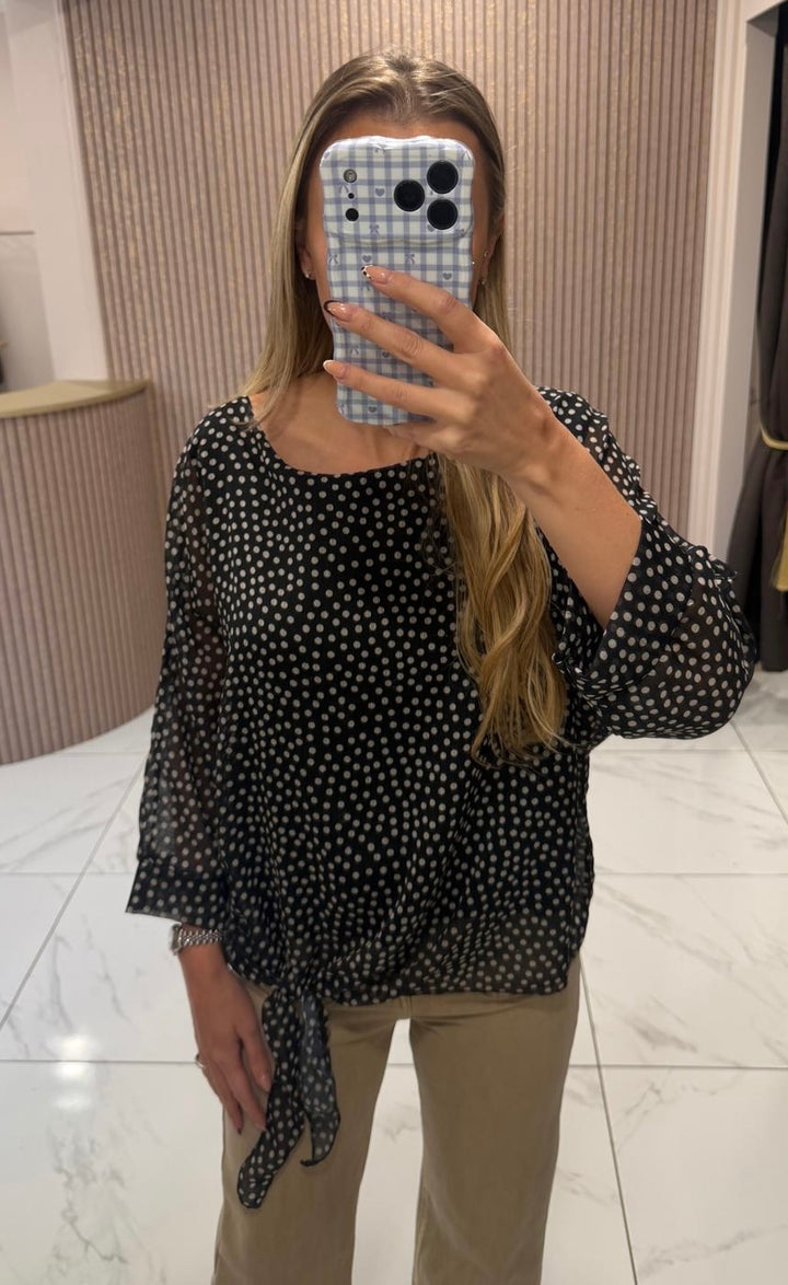 Nadine Black Polka Dot Tie Front Blouse/Top