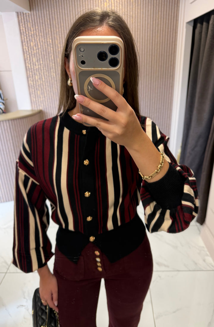 Indy Striped Cream, Wine &amp; Black Gold Button cardigan/Jumper