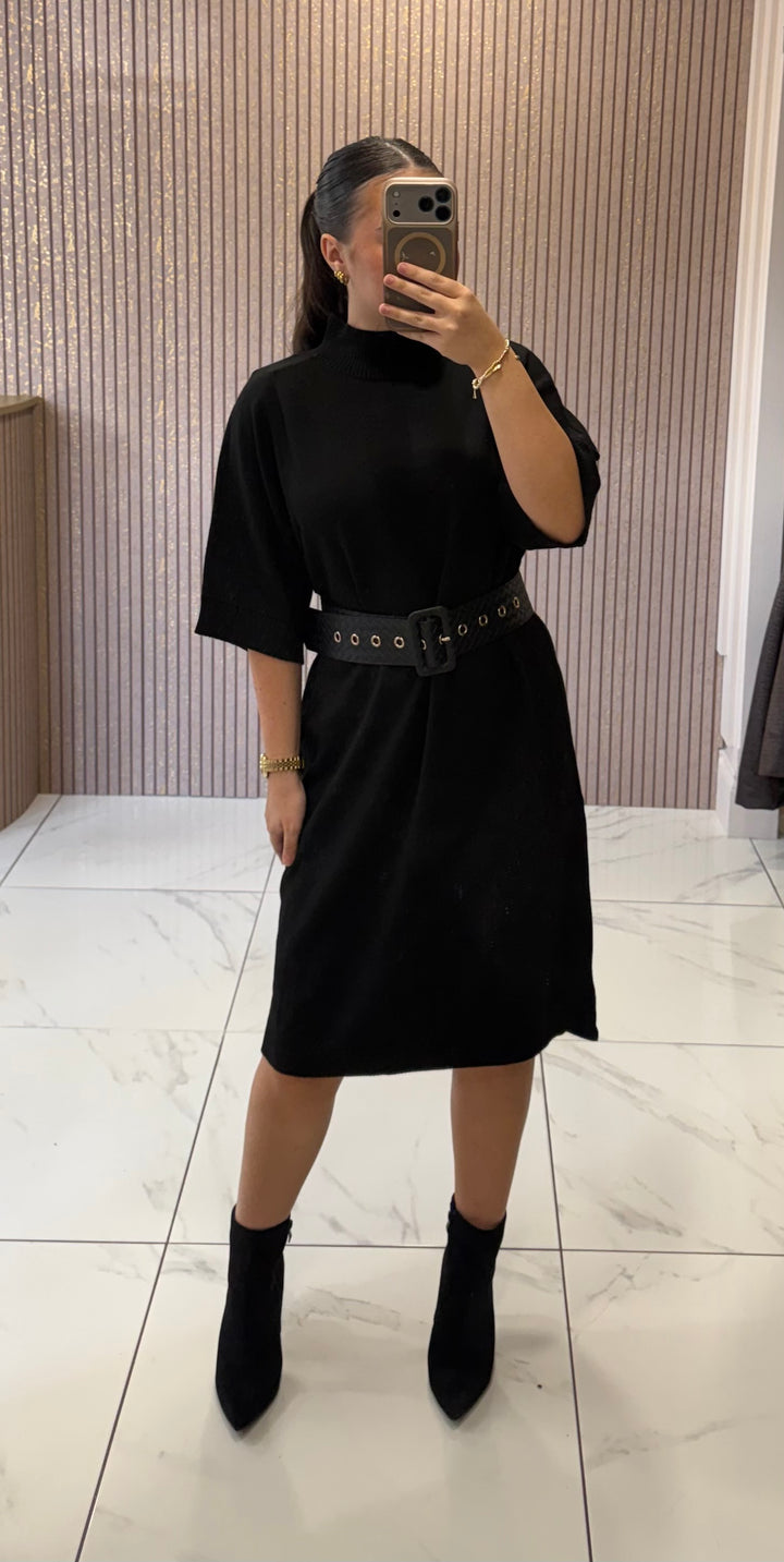 Carly Black Belted Knit Dress