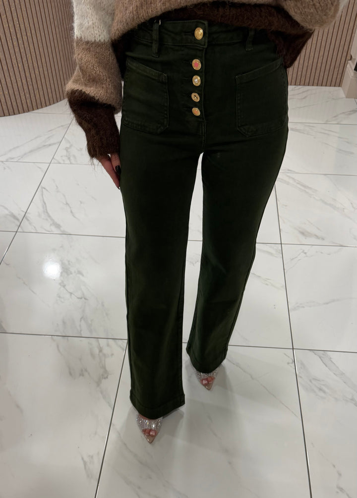 Edith Khaki Button Front Jeans