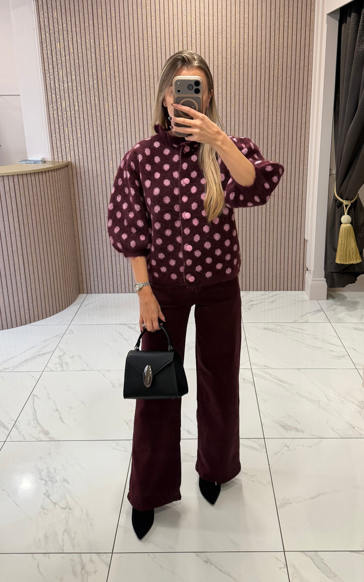 Alyssa Burgundy &amp; Pink Spot Statement Sleeve Top