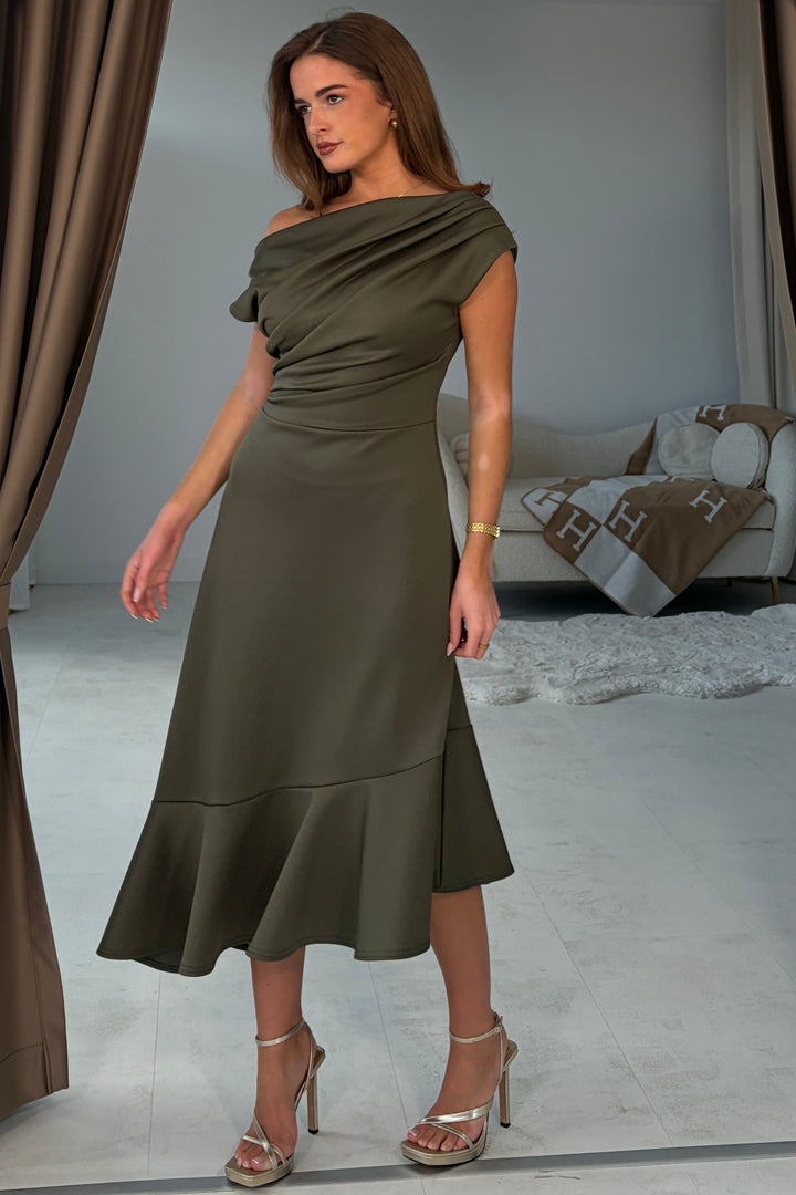 Felicity Asymmetric Frill Midi Dress Khaki