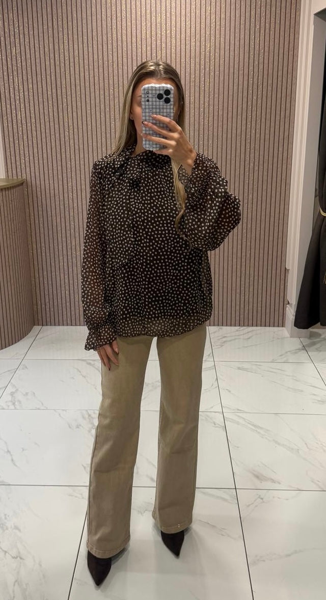 Marnie Chocolate Polka Dot Print Bow Blouse