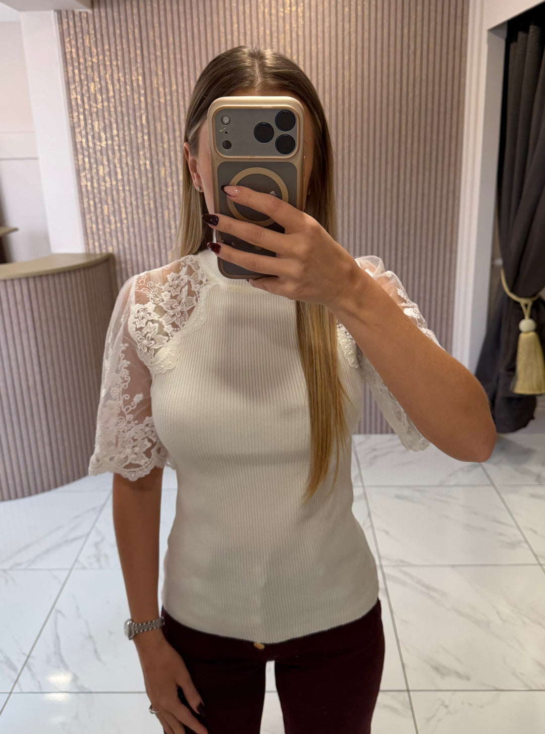 Freya Cream Fine Knit Lace Sleeve Top