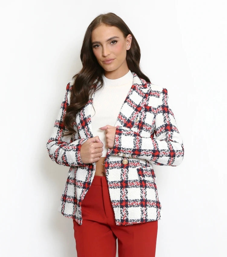 Grace Red Tweed Blazer With Gold Buttons