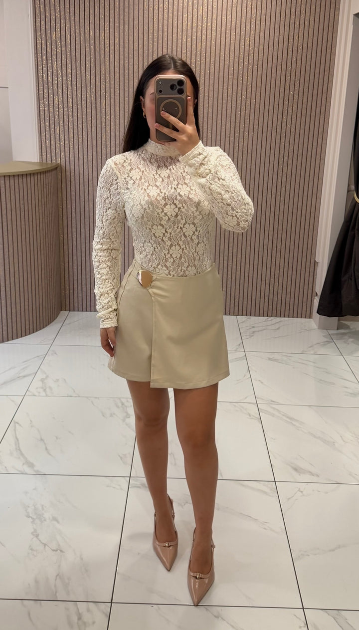 Ivy Beige Wrap Skort With Gold Circular Buckle